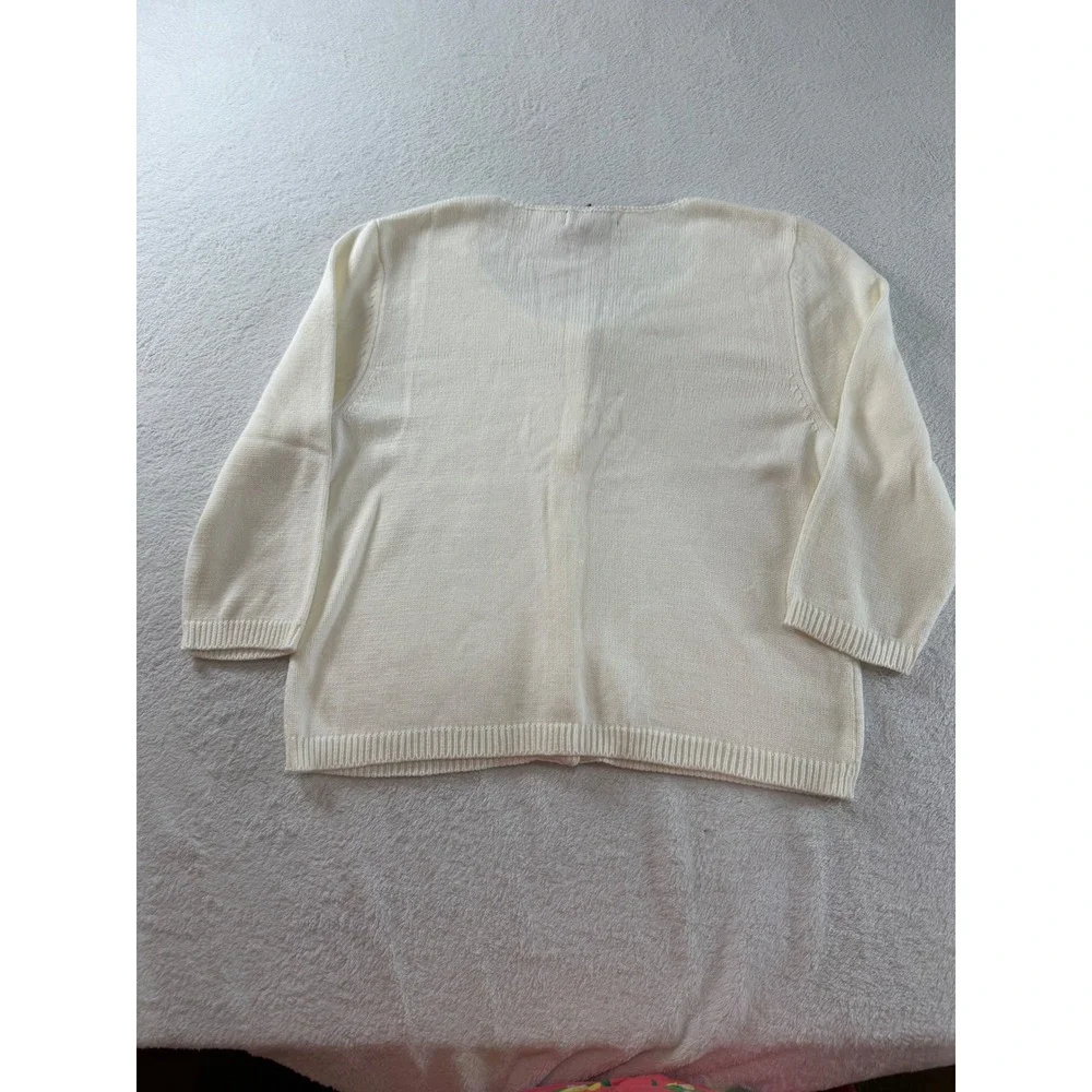SML Design Cream Ivory Button Front Cardigan Sweater Textured Yoke 3/4 Sleeve L